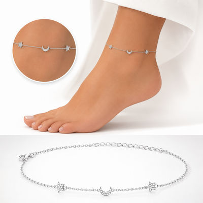 Moon and Star Crystal 925 Silver Anklet 